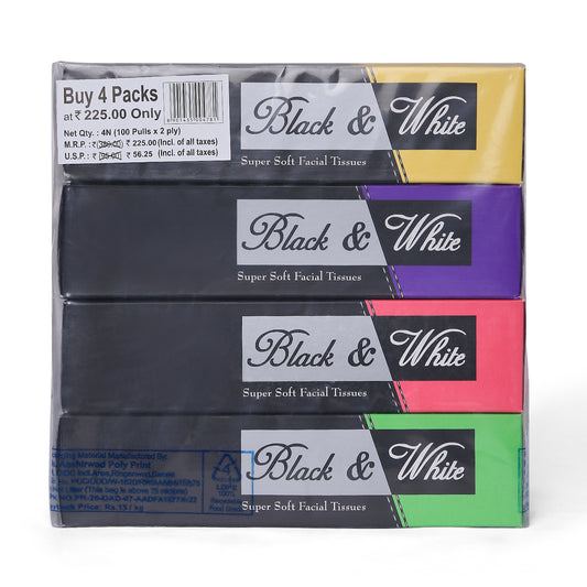 Black & White Facial Tissues (4 Boxes X 100 Pulls X 2 Ply)