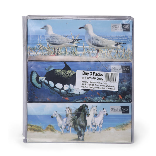 Black & White Facial Tissues (3 Boxes X 200 Pulls X 2 Ply)