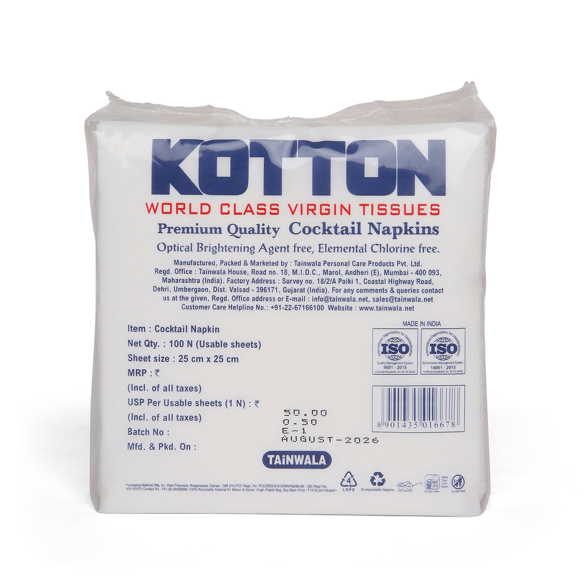 Kotton Cocktail Napkins (100 x 1 Ply)(25x25)