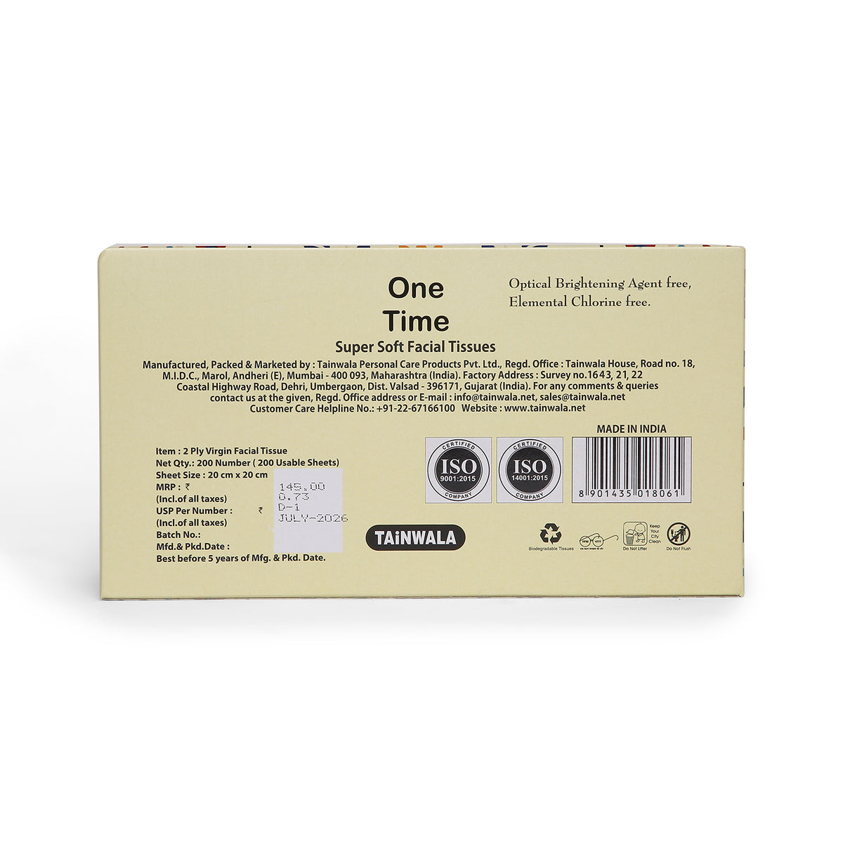One Time Facial Tissues (200 Pulls X 2 Ply)