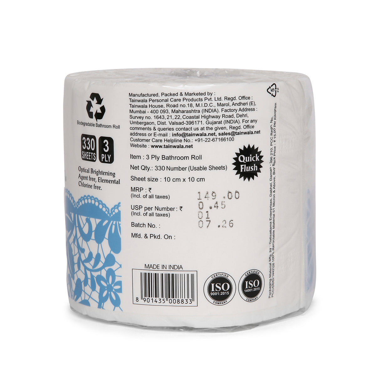 Fresh Ones Bathroom Rolls (330 Sheets X 3 Ply X Single Roll)