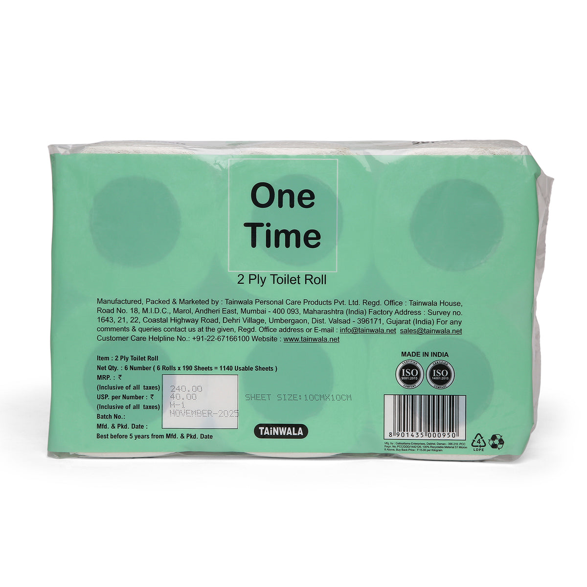 One Time Toilet Rolls (6 Rolls X 190 Sheets X 2 Ply)