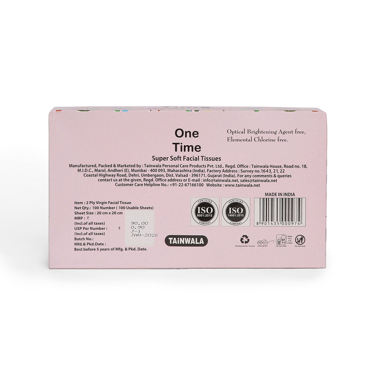 One Time Facial Tissues (100 Pulls X 2 Ply)