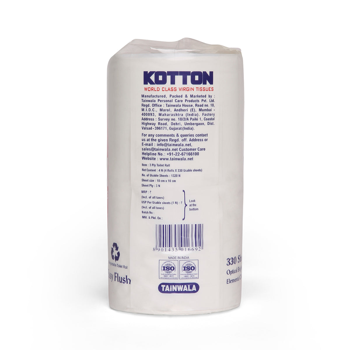 Kotton Bathroom Rolls (4 Rolls X 330 Sheets X 3 Ply)