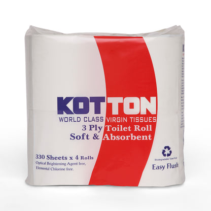 Kotton Bathroom Rolls (4 Rolls X 330 Sheets X 3 Ply)