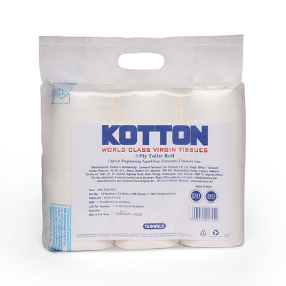Kotton Toilet Rolls (12 Rolls X 160 Sheets X 3 Ply)