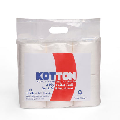 Kotton Toilet Rolls (12 Rolls X 160 Sheets X 3 Ply)