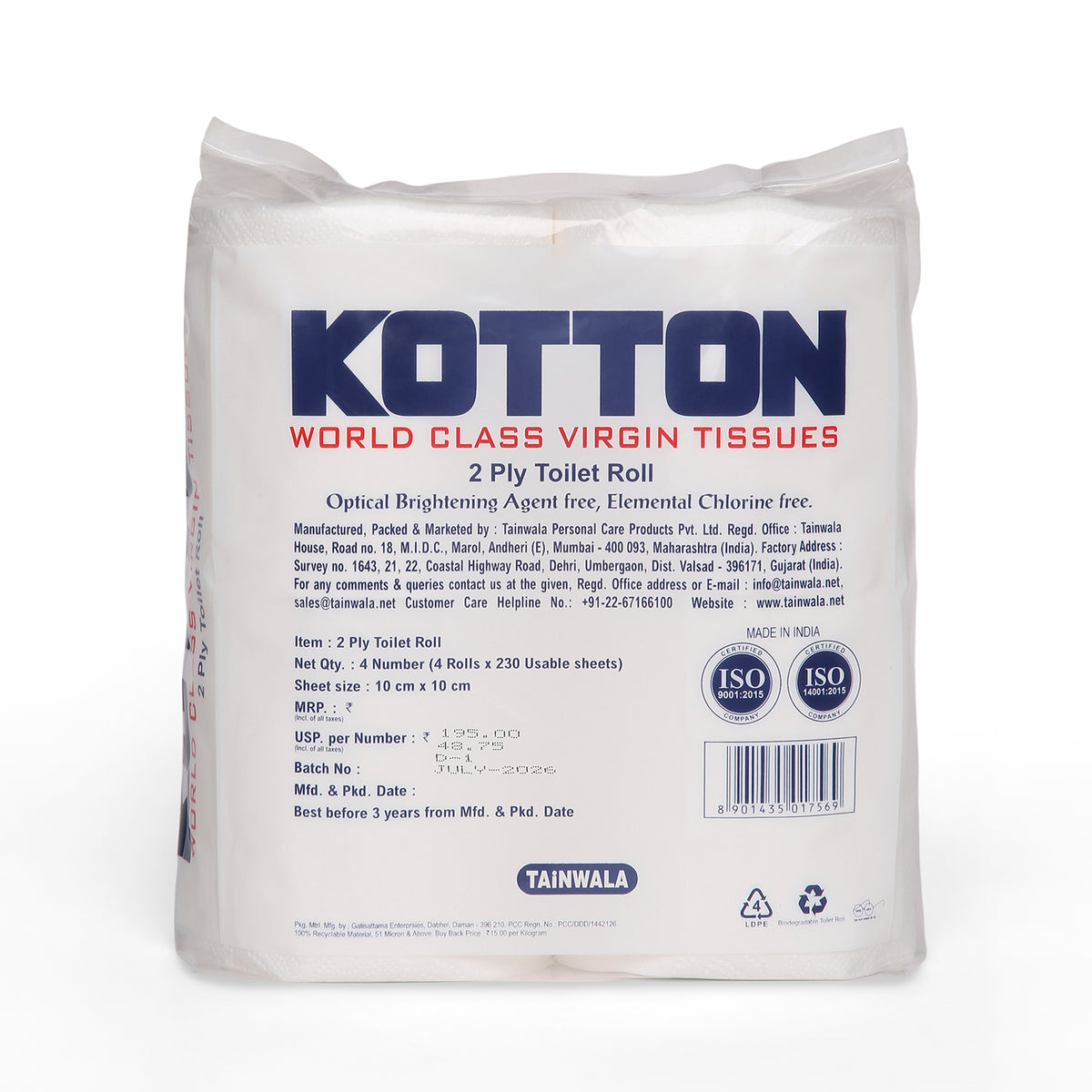 Kotton Toilet Rolls (4 Rolls X 230 Sheets X 2 Ply)