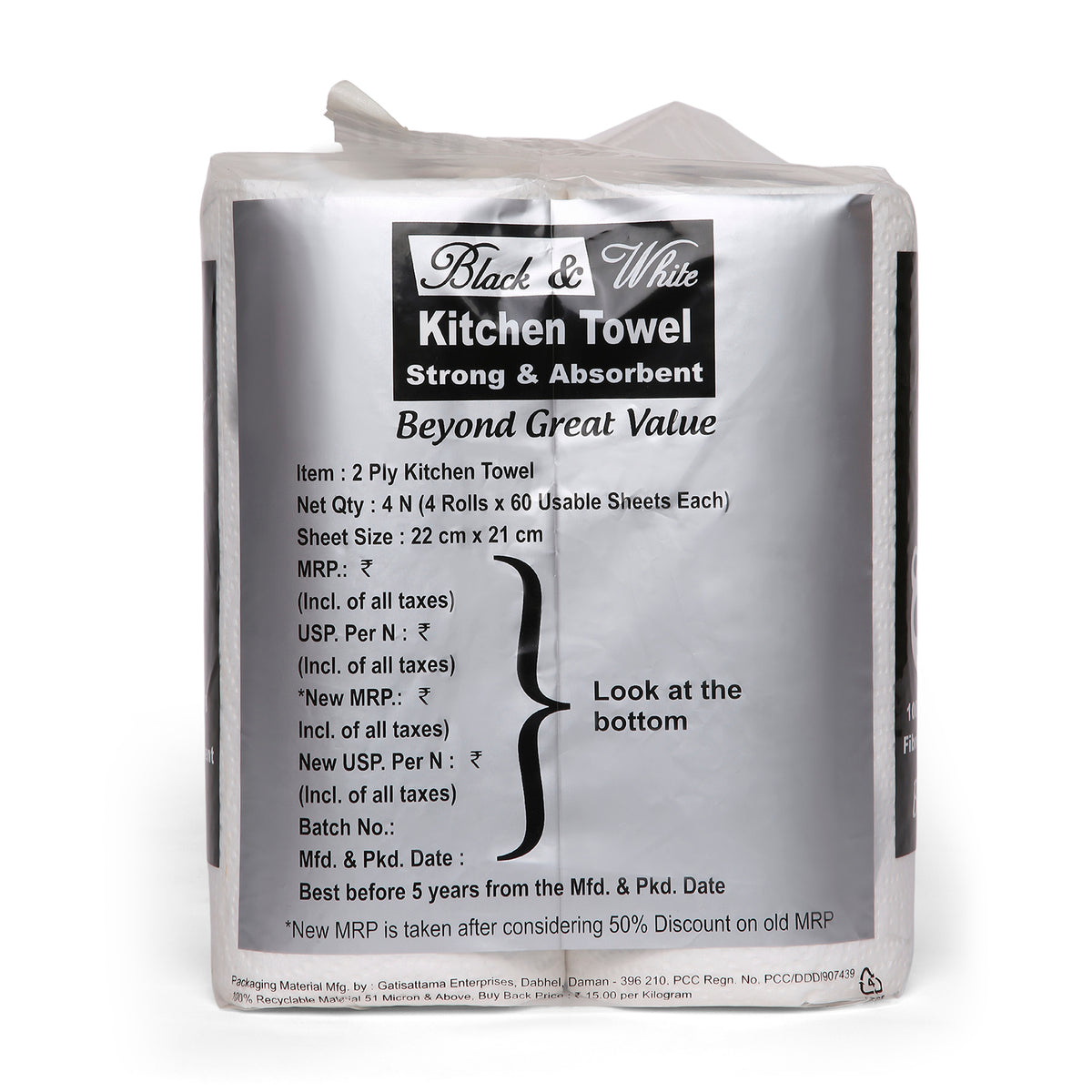 Black & White Kitchen Towels (4 Roll X 60 Towels X 2 Ply)