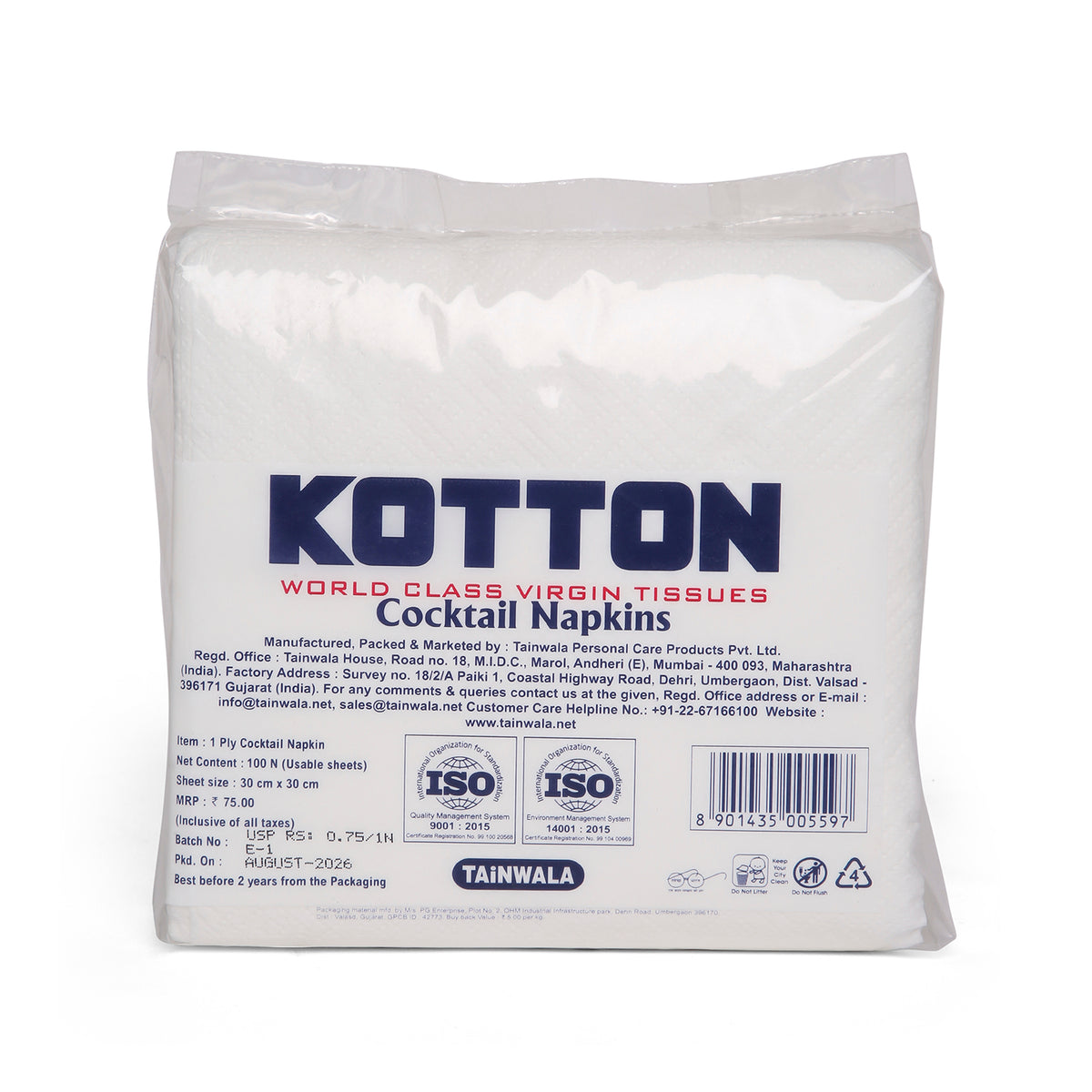 Kotton Cocktail Napkins  (100 Napkins X 1 Ply)(30X30)