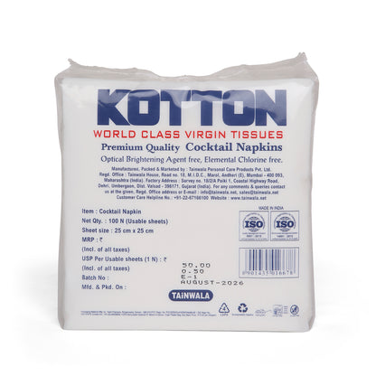 Kotton Cocktail Napkins  (100 Napkins X 1 Ply)(25X25)