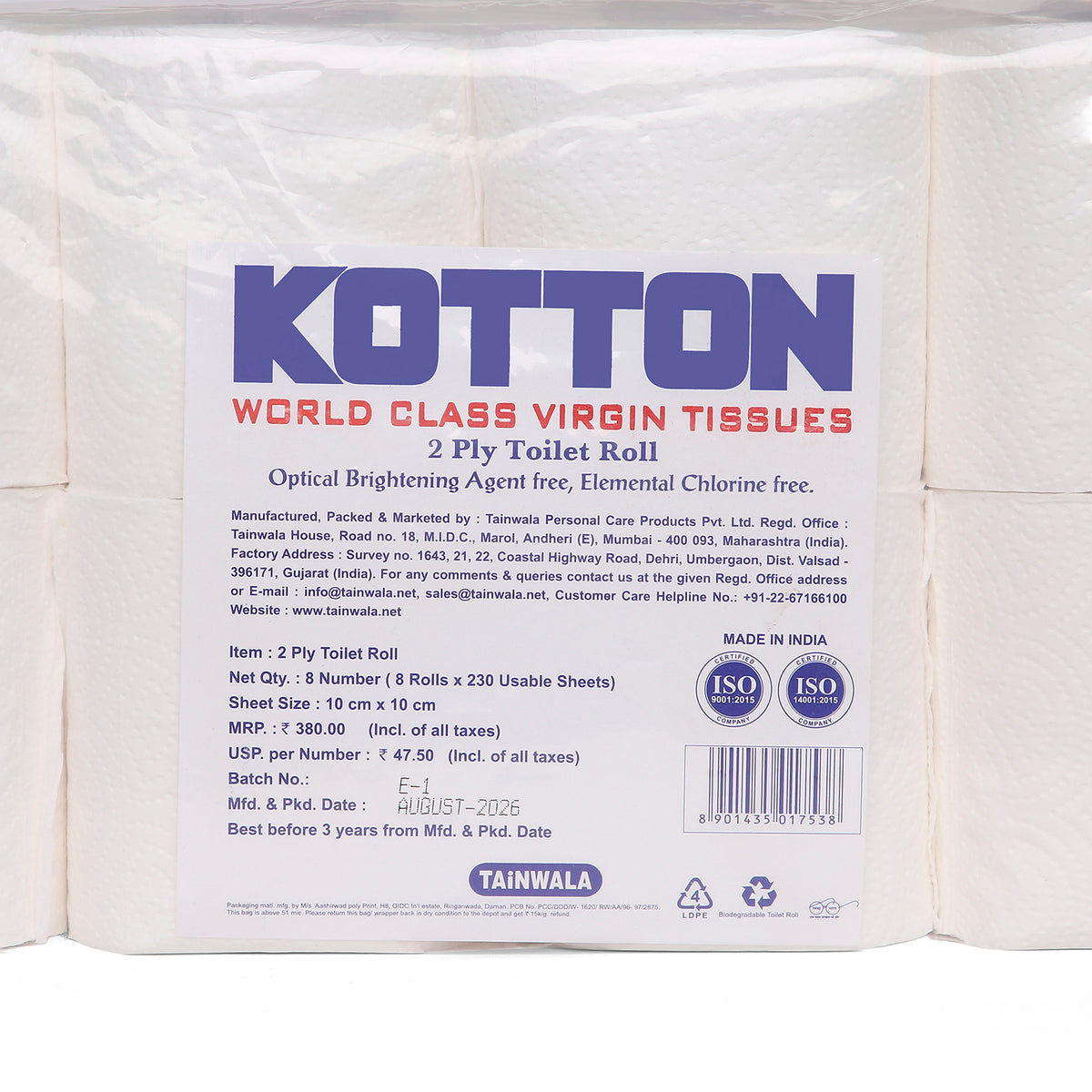 Kotton Toilet Rolls (8 Rolls X 230 Sheets X 2 Ply)